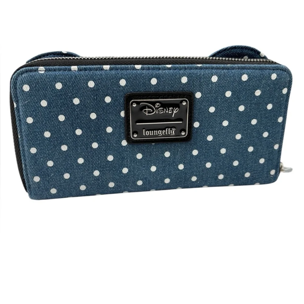 LOUNGEFLY Minnie Mouse Denim Polka Dot Wallet NWOT Limited Edition Ears Bow Zip